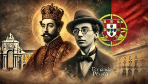 A digital painting combining historical and literary elements. On the left, Dom Sebastião is depicted using a classic painting style, inspired by Cris