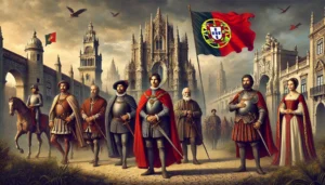 figuras históricas da Dinastia de Avis, com a arquitetura inspirada no estilo manuelino ao fundo e a bandeira de Portugal da época tremulando discretamente.