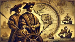 Uma ilustração histórica representando D. João I e o Infante D. Henrique, ambos em trajes da época da Dinastia de Avis. D. João I está em posição