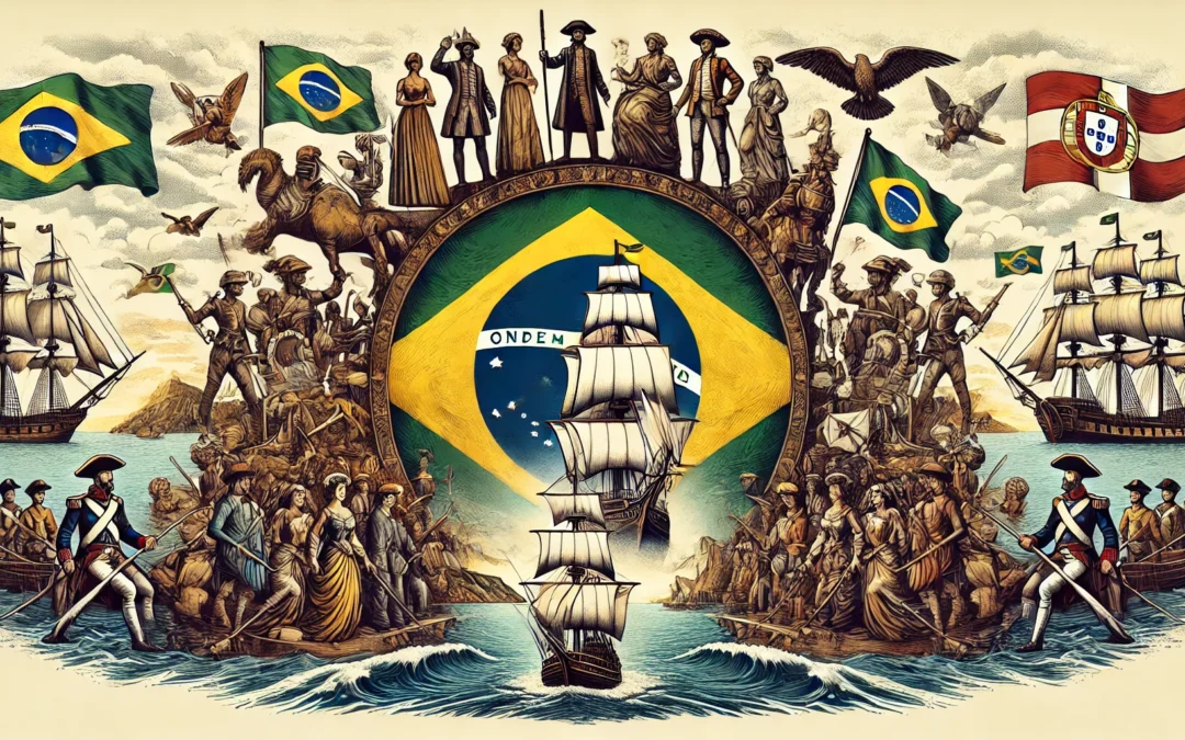 Uma ilustração histórica representando o Brasil como uma extensão do Reino de Portugal, destacando a continuidade administrativa e cultural. No centro