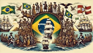 Uma ilustração histórica representando o Brasil como uma extensão do Reino de Portugal, destacando a continuidade administrativa e cultural. No centro